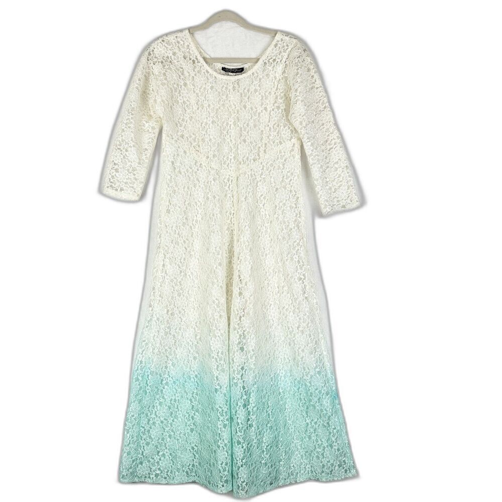 Vintage All That Jazz Lace Ombre Midi Dress Size 9/10 Medium Unlined Ivory Mint